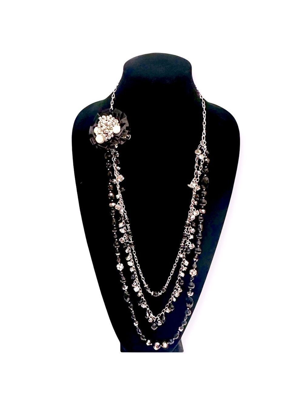 WHBM Black Silver Bead Pearl Layered Necklace w/ Removeable Brooch Pin NWT